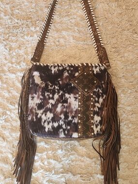 Fringed Cowhide & Leather Shoulder Bag - Brown Multi